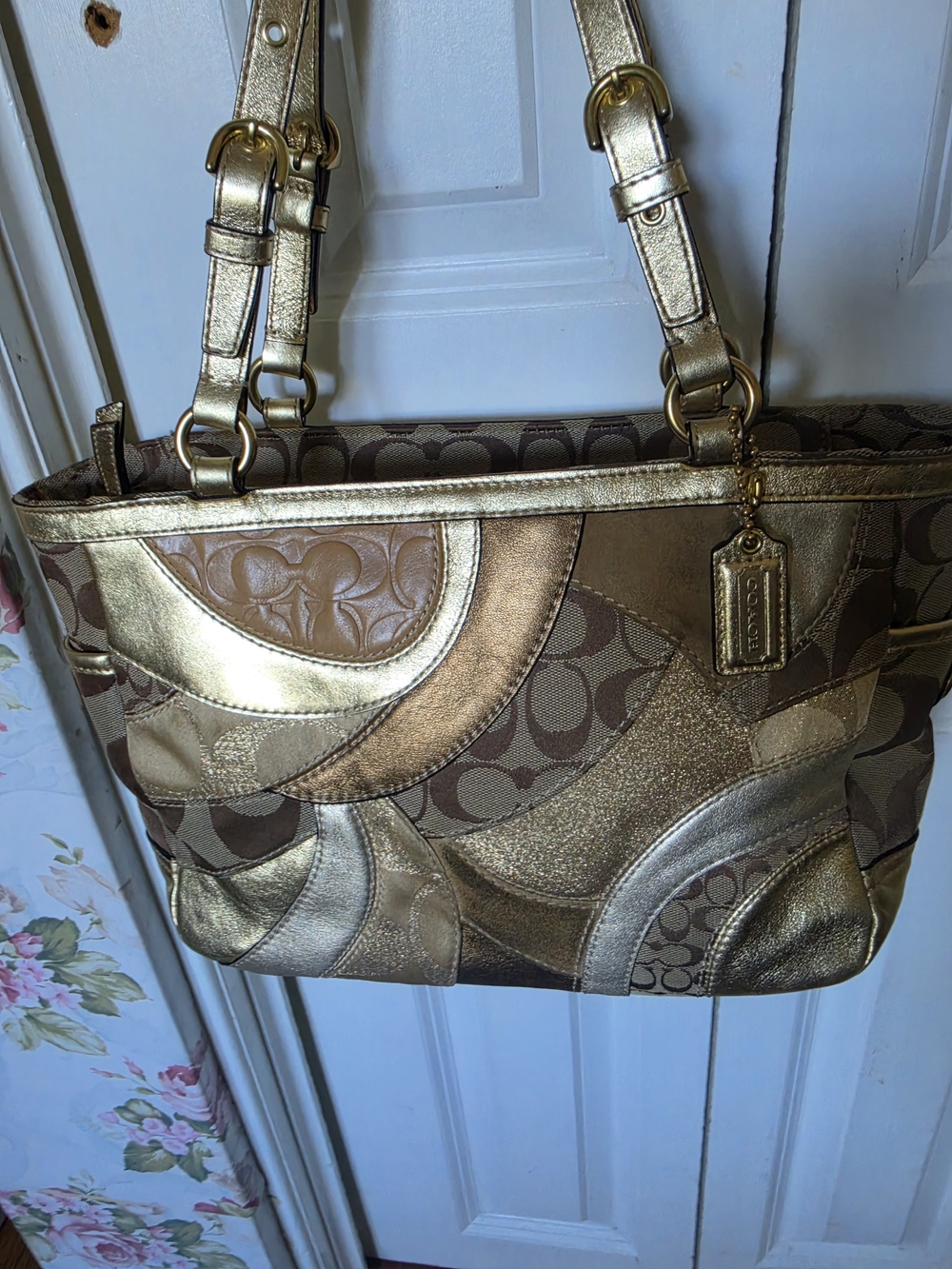 Coach Metallic Patchwork Satchel - Gold and Brown